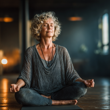 Літня жінка виконує йогу на природі