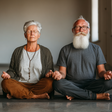 Група старших людей займається йогою в залі