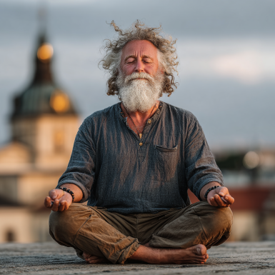 Літня людина в позі дерева на свіжому повітрі